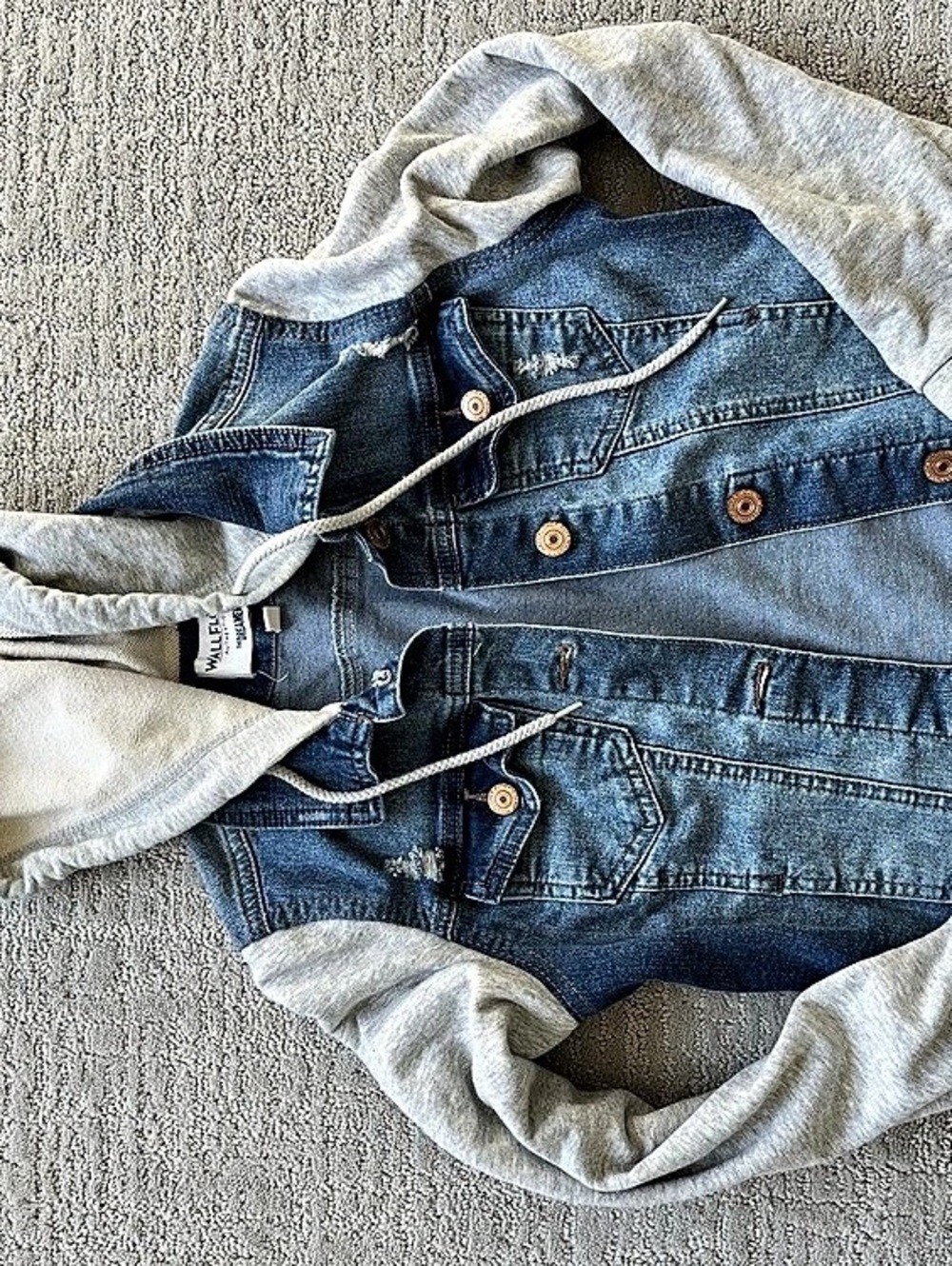 WALLFLOWER The Dreamer Hooded Denim Jacket in Blue & Gray